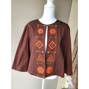 Lash Lane Jacket Womens‎ 14 Brown Embroidered Retro Fold Boho Chic Artsy Earthy